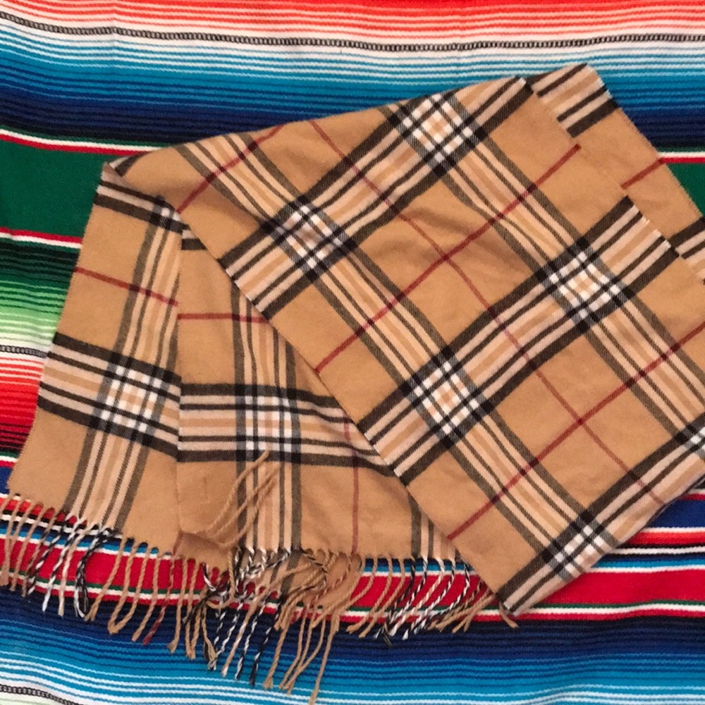 Tan, Black, red and White plaid scarf